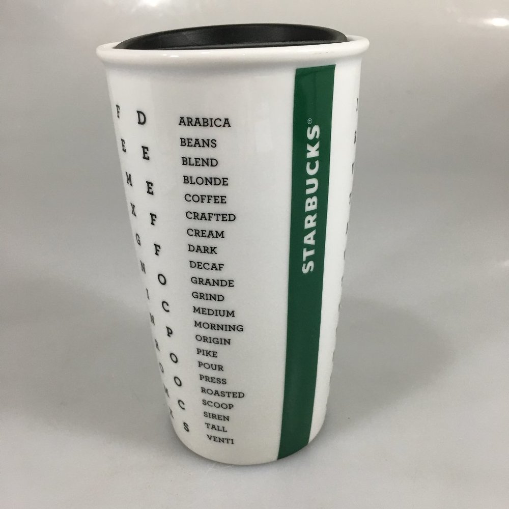 Starbucks White Word Search Alphabet Crossword Ceramic Mug Traveler 12 oz 2016